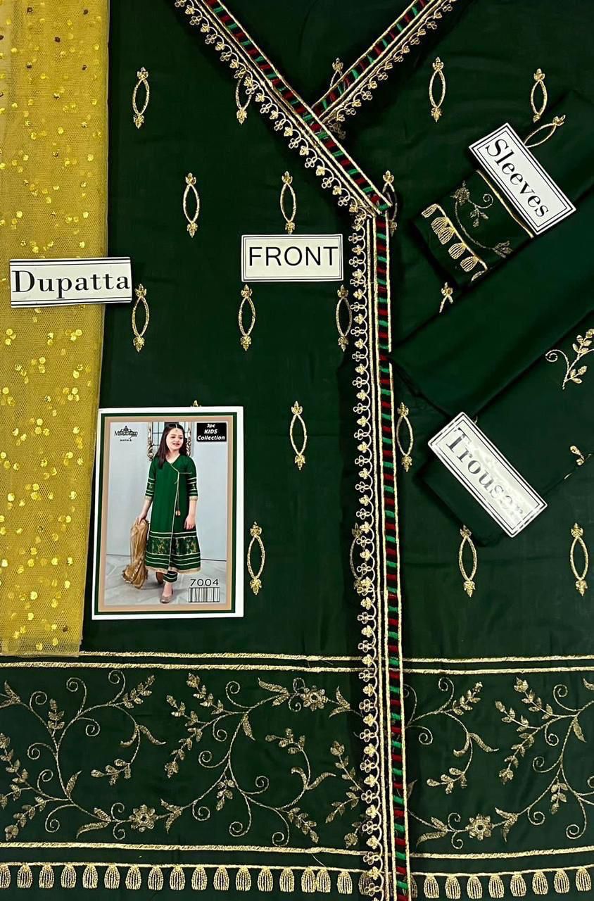 Kids 3PC Embroidered Summer Dress With Net Dupatta - Unstitched - DE-01