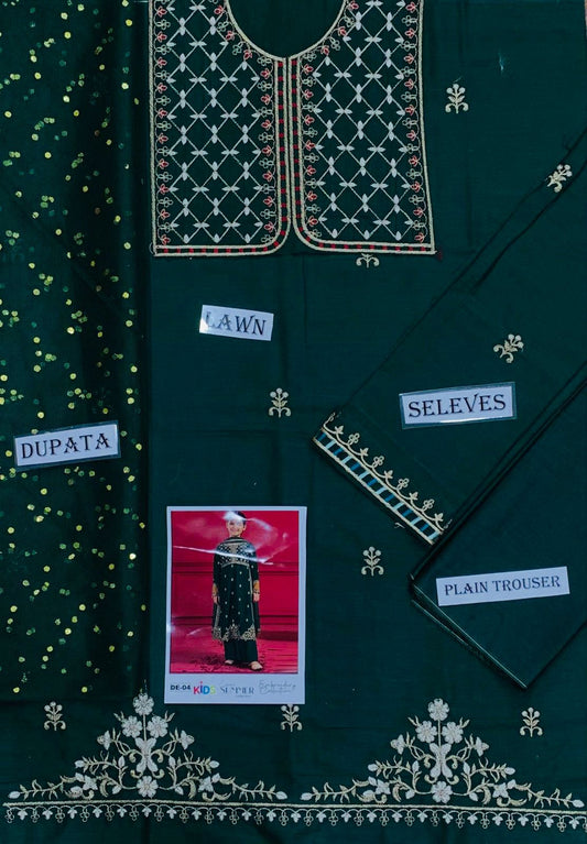 Kids 3PC Embroidered Summer Dress With Net Dupatta - Unstitched - DE-04