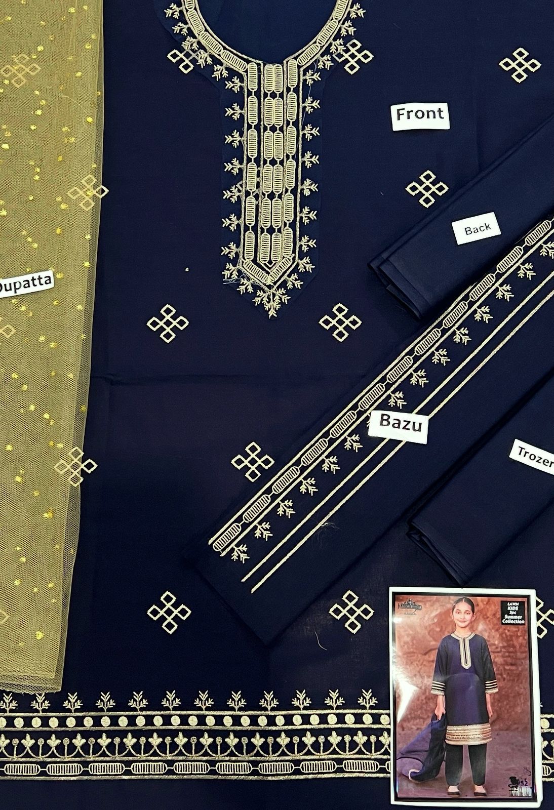 Kids 3PC Embroidered Summer Dress With Net Dupatta - Unstitched - DE-22