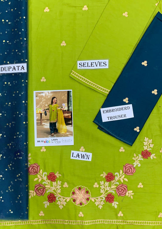 Kids 3PC Embroidered Summer Dress With Net Dupatta - Unstitched - DE-12