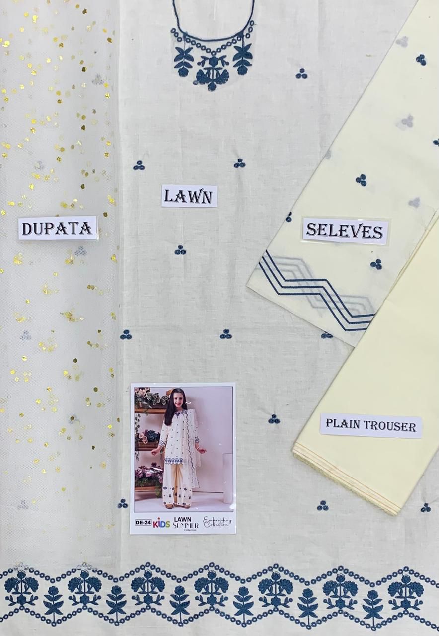 Kids 3PC Embroidered Summer Dress With Net Dupatta - Unstitched - DE-24