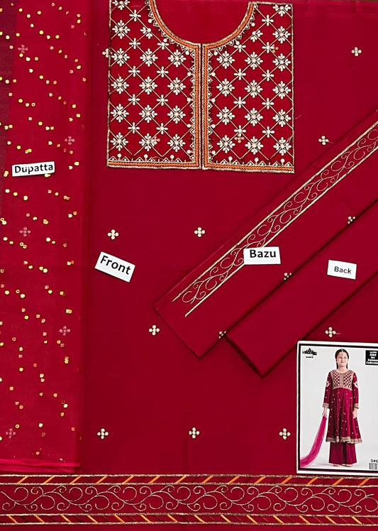 Kids 3PC Embroidered Summer Dress With Net Dupatta - Unstitched - DE-49