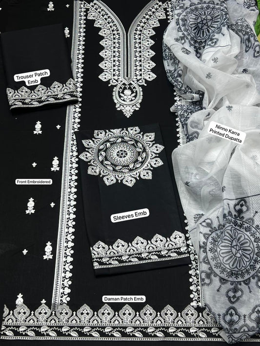 FULLY Embroidered LAWN 3Pc With Nino karra Printed Dupatta