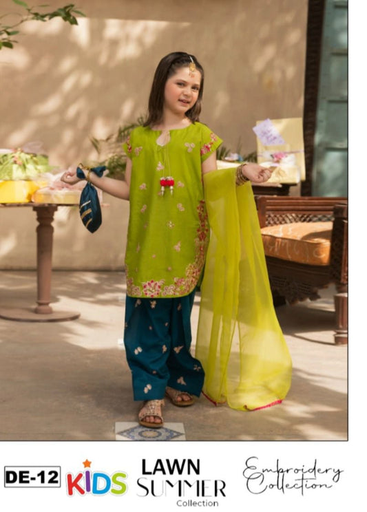 Kids 3PC Embroidered Summer Dress With Net Dupatta - Unstitched - DE-12