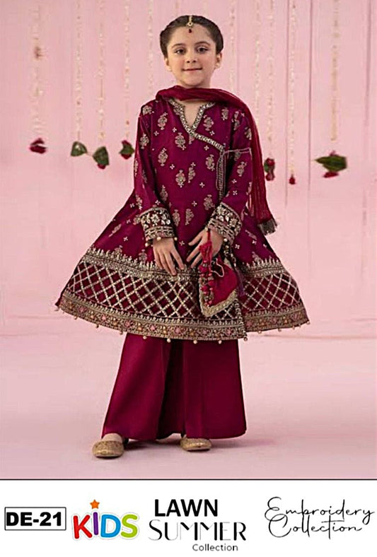 Kids 3PC Embroidered Summer Dress With Net Dupatta - Unstitched - DE-21