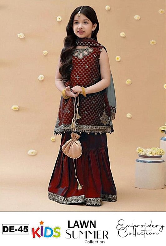 Kids 3PC Embroidered Summer Dress With Net Dupatta - Unstitched - DE-45