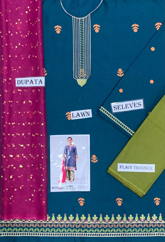 Kids 3PC Embroidered Summer Dress With Net Dupatta - Unstitched - DE-25