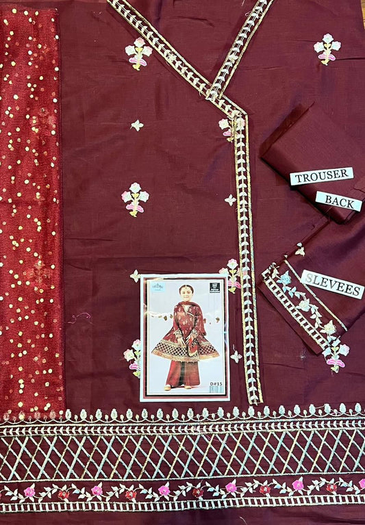 Kids 3PC Embroidered Summer Dress With Net Dupatta - Unstitched - DE-21