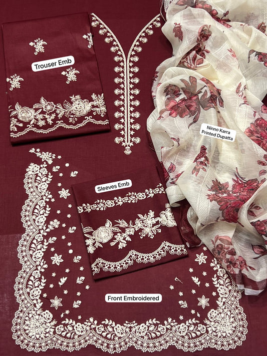 FULLY Embroidered LAWN 3Pc With Nino karra Printed Dupatta