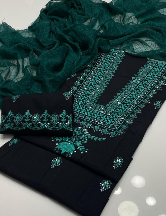 3 PIECE EMBROIDERED COTTON WITH CHIFRON DUPATTA