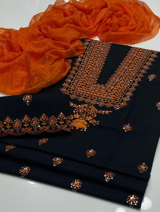 3 PIECE EMBROIDERED COTTON WITH CHIFRON DUPATTA